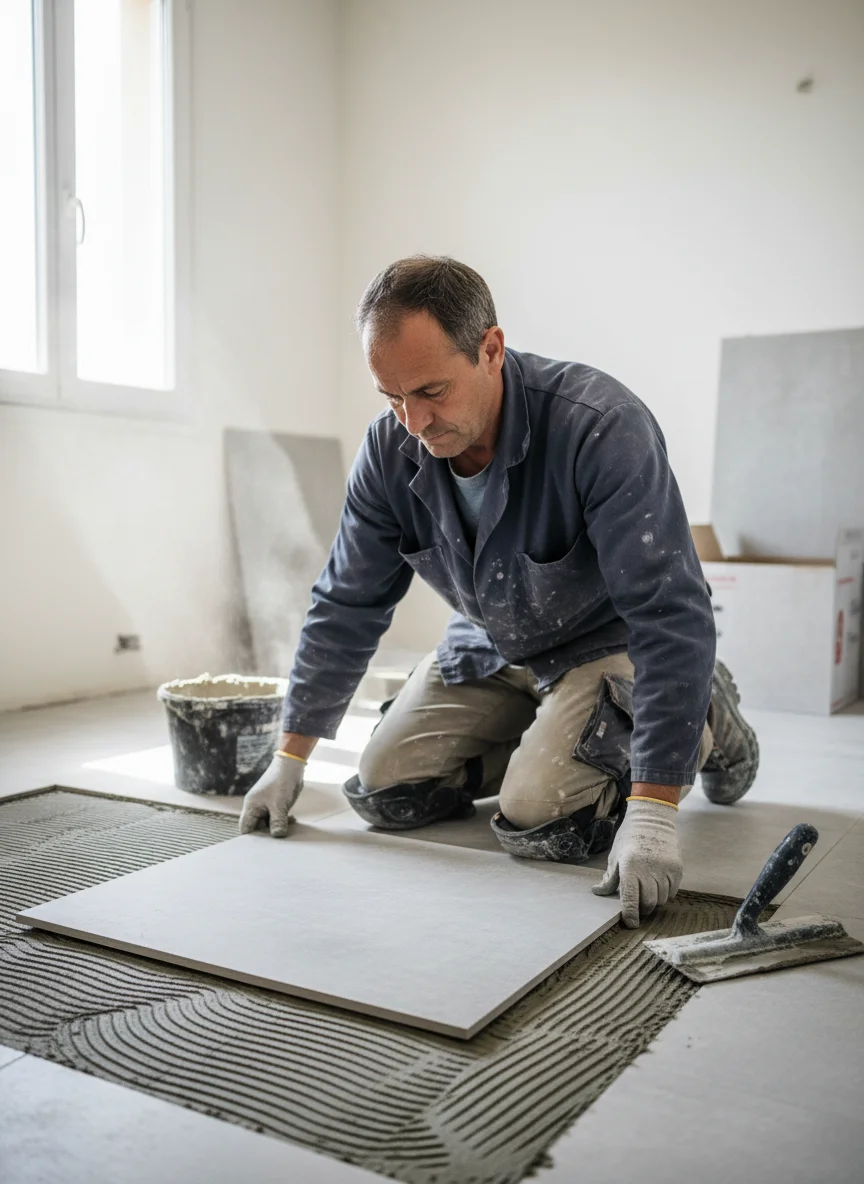 Carreleur au travail sur un sol en carrelage