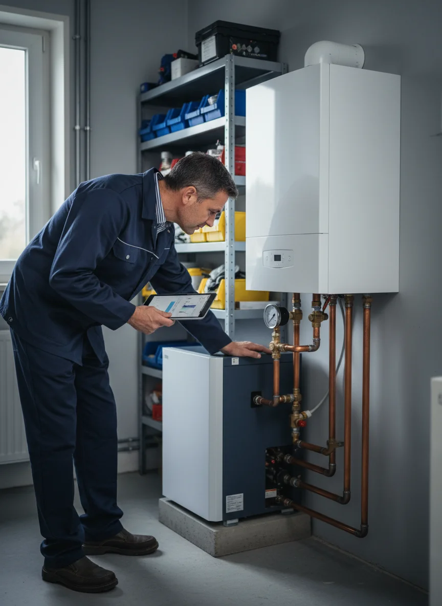 Chauffagiste au travail sur une installation de chauffage