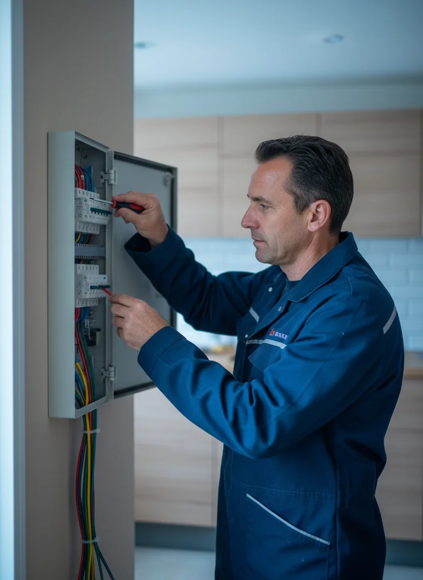 Électricien au travail sur un tableau électrique