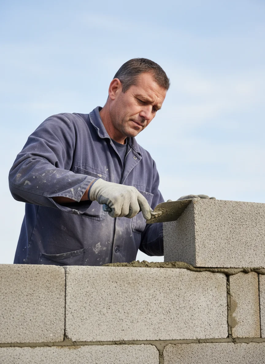 Maçon au travail sur un mur en construction