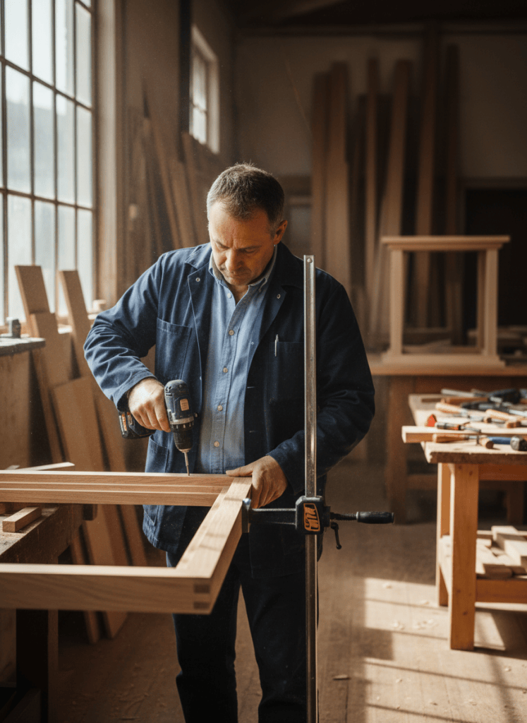 Menuisier assemblant un châssis de fenêtre en bois dans son atelier