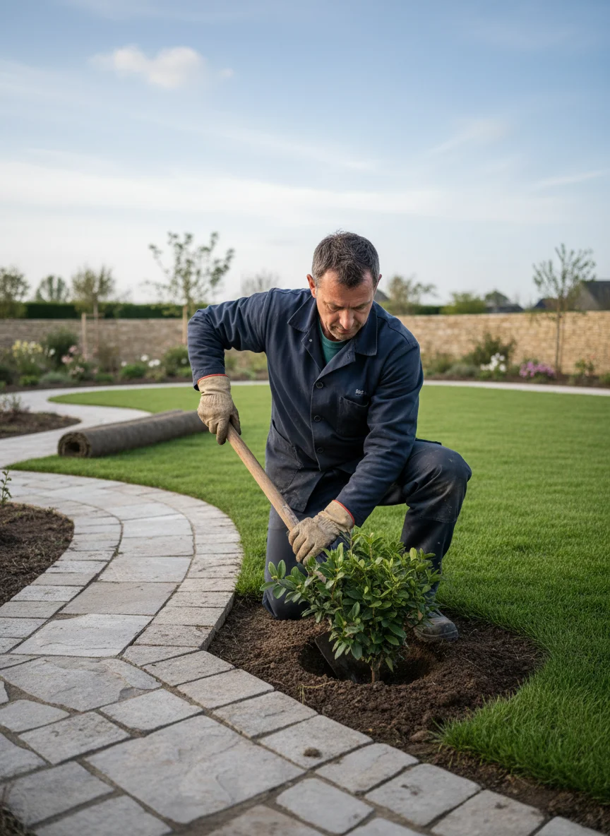 Paysagiste au travail dans un jardin aménagé