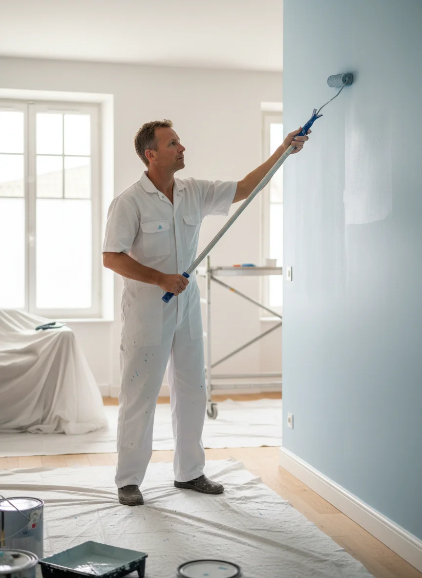 Peintre au travail dans une pièce en rénovation